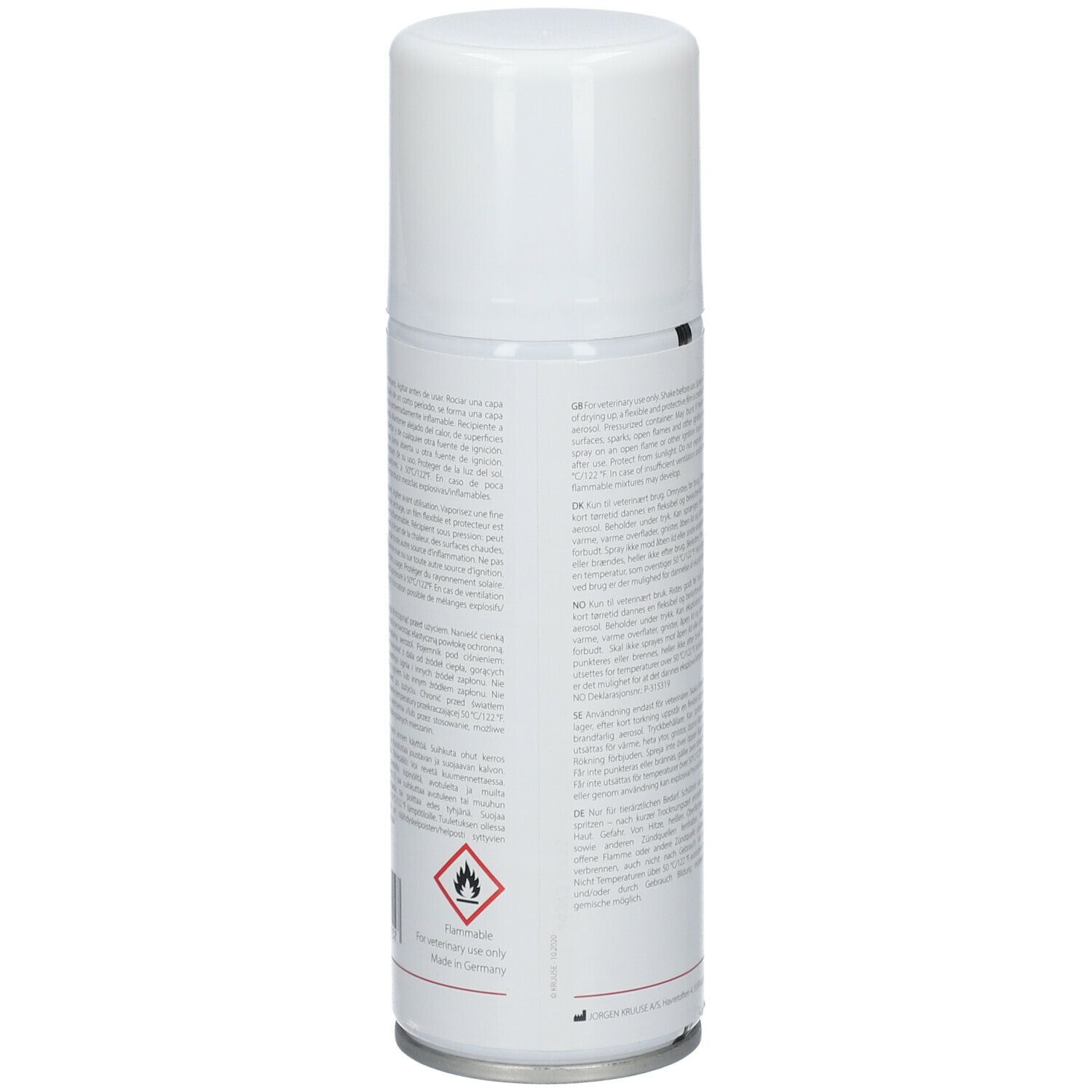 Rückseite des weißen Sprays. Text in mehreren Sprachen. Warnhinweis und Gefahrensymbol.