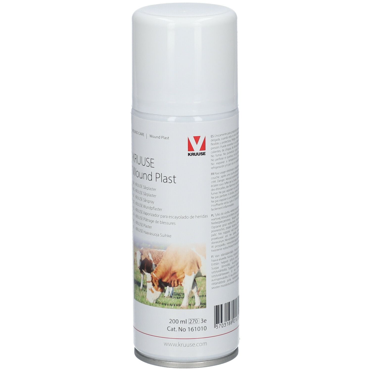 Weißes Spray mit Aufschrift KRUUSE Wund Plast. Abbildung von Kühen auf der Verpackung.