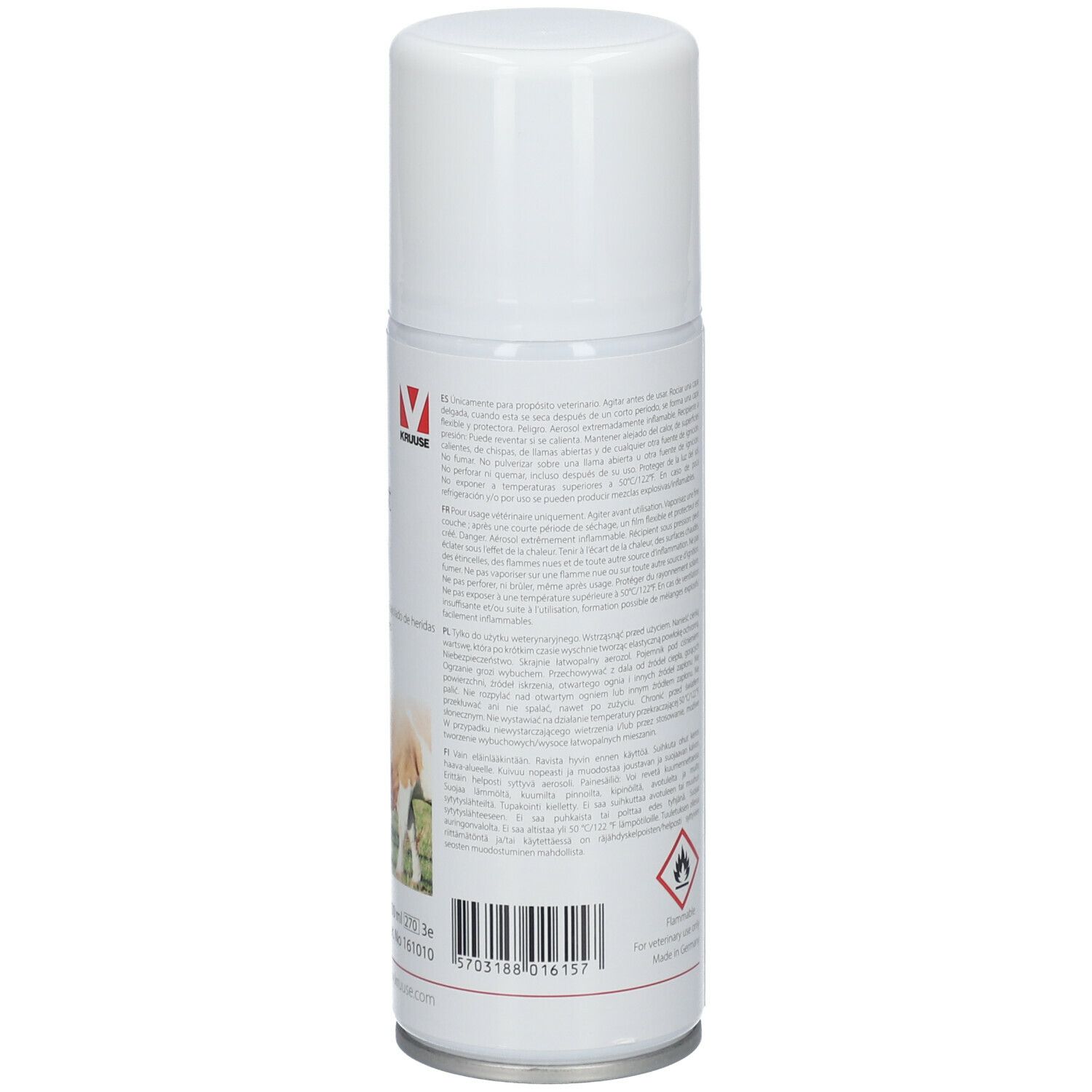 Rückseite des weißen Sprays. Text in mehreren Sprachen. Warnhinweis und Gefahrensymbol.