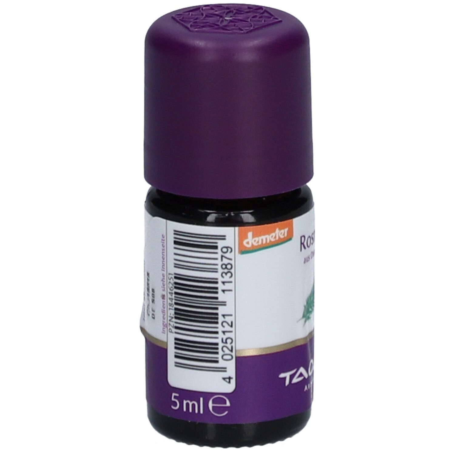 Flacon en verre brun avec bouchon violet. Étiquette avec code-barres et "5 ml e". Marque: TAOASIS.