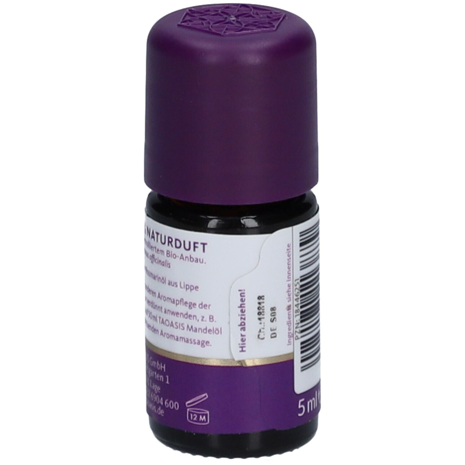 Flacon en verre brun avec bouchon violet. Étiquette avec texte et "5 ml e". Marque: TAOASIS.