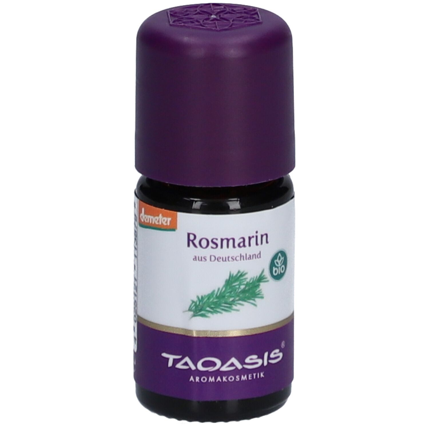 Flacon en verre brun avec bouchon violet. Étiquette avec "Rosmarin aus Deutschland BIO" et logo. Marque: TAOASIS.