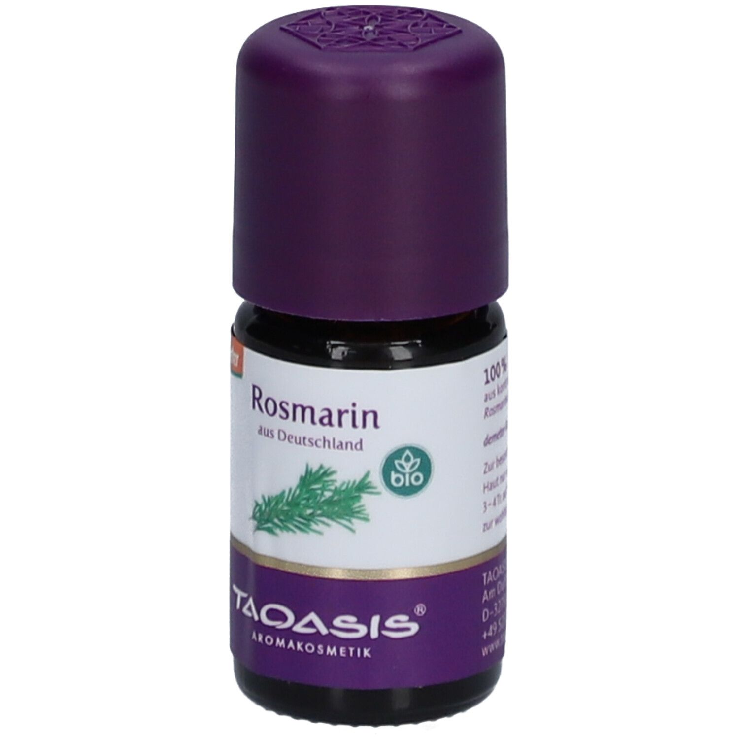 Flacon en verre brun avec bouchon violet. Étiquette avec "Rosmarin aus Deutschland BIO" et logo. Marque: TAOASIS.