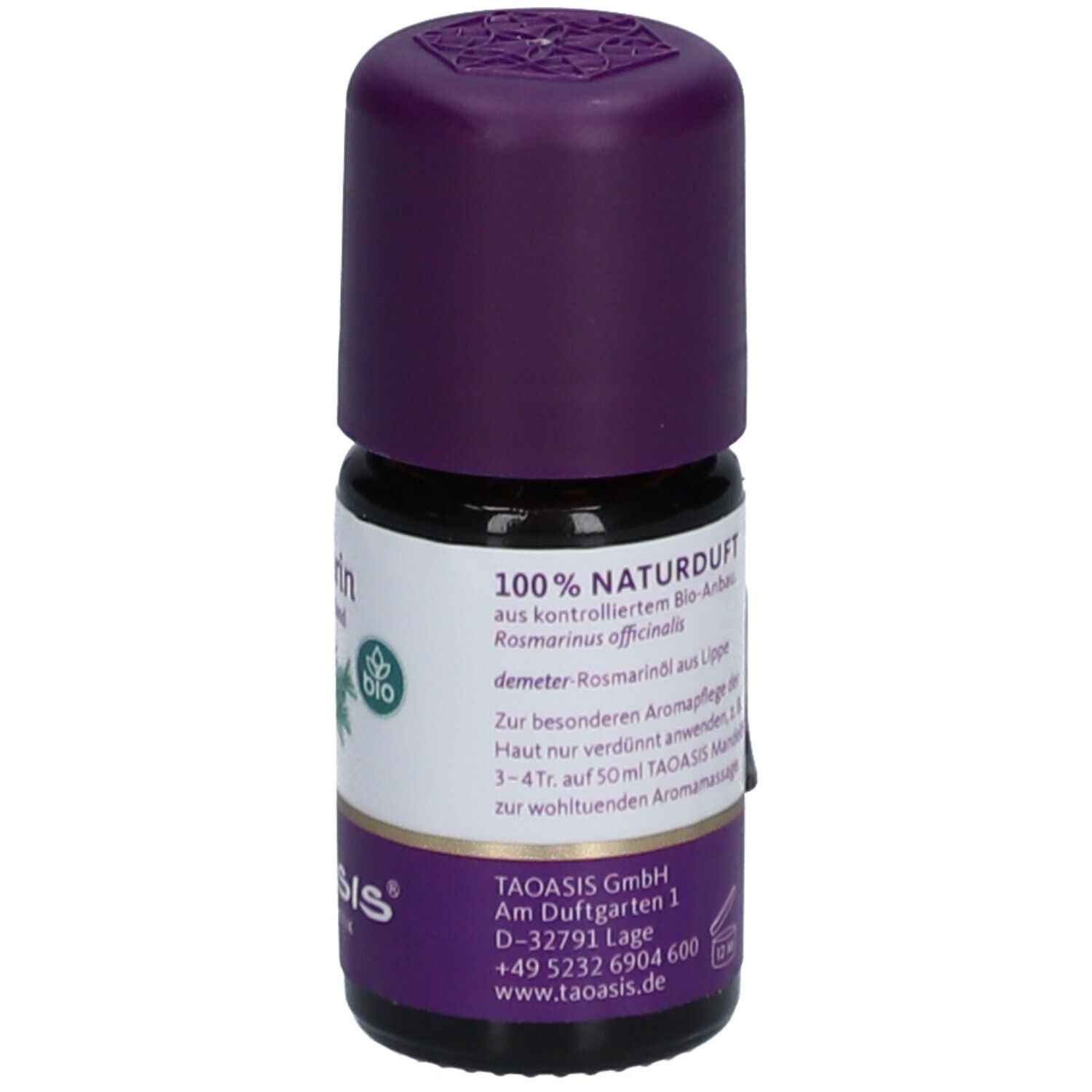 Flacon en verre brun avec bouchon violet. Étiquette avec texte et logo. Marque: TAOASIS.