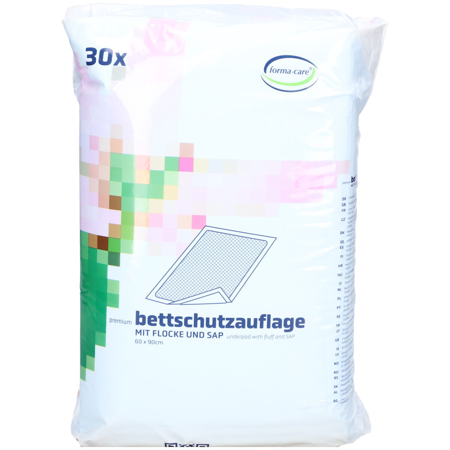 Emballage FORMA-care Bettschutzauflage. Inscription : 30x, Premium, 60x90cm, avec flocons et SAP. Logo FORMA-care. Emballage plastique blanc.
