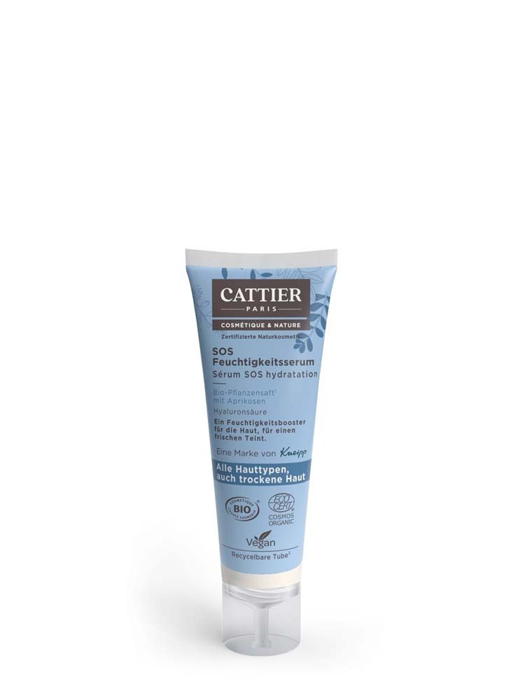 Blaue Tube mit weißer Schrift. Produktname: SOS Feuchtigkeitsserum. Marke: Cattier. Zertifizierungen: Bio, Vegan. Transparenter Verschluss.