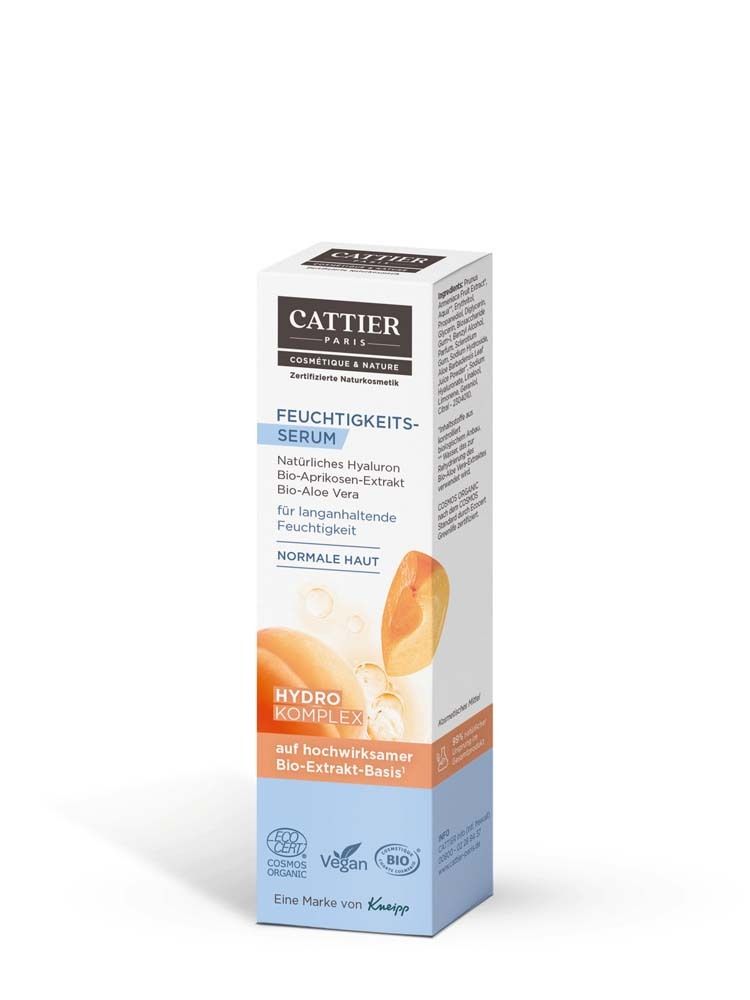 Karton für Feuchtigkeitsserum. Produktname: Feuchtigkeitsserum. Marke: Cattier. Illustration: Aprikose. Zertifizierungen: Bio, Vegan. Für normale Haut.