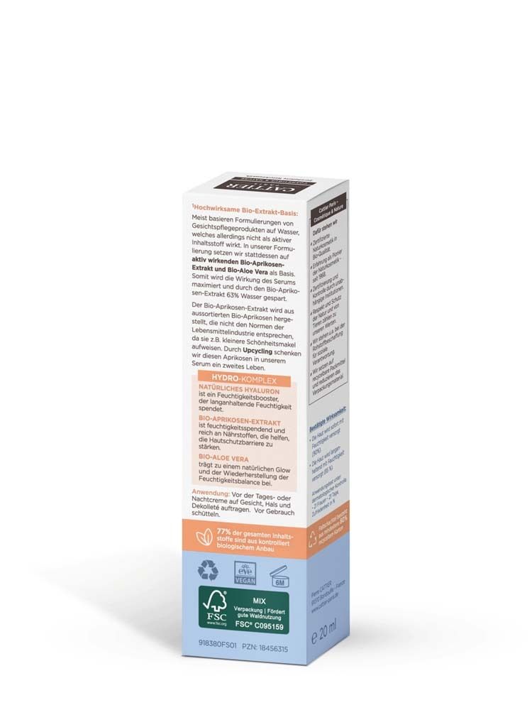 Karton mit Produktinformationen. Text in deutscher Sprache. Illustration: Aprikose. Zertifizierungen: Bio, Vegan. FSC-Logo. Volumen: 20 ml.