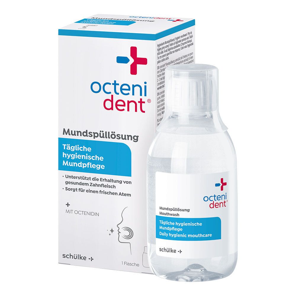 Octenident Mundspüllösung Flasche und Karton. Tägliche hygienische Mundpflege mit Octenidin.