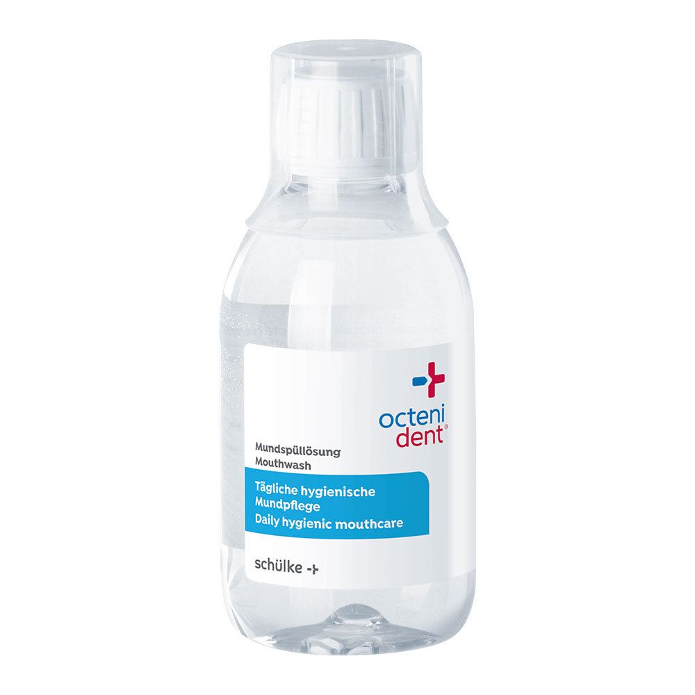 Klare Mundspülung in durchsichtiger Flasche mit weißem Etikett und blauem Streifen. Marke: octenident.