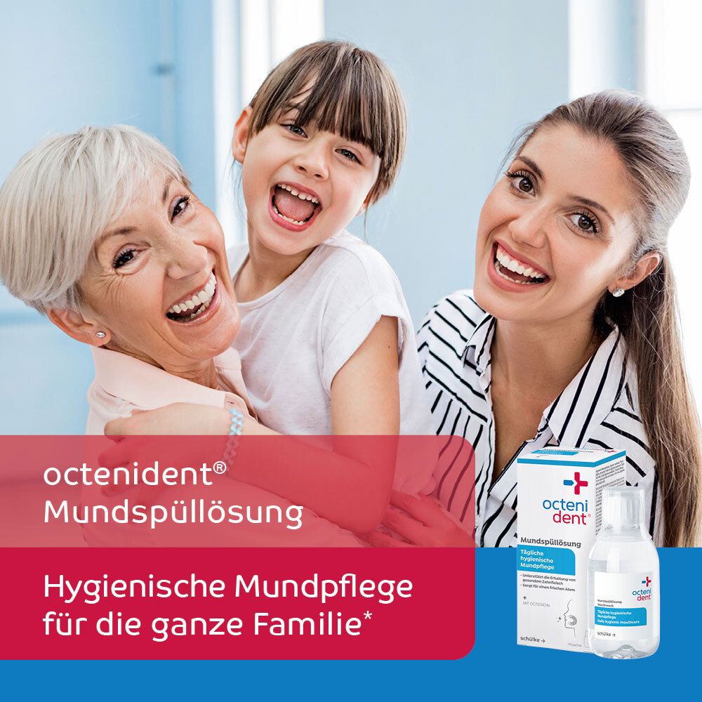 Octenident Mundspüllösung: Flasche und Karton mit Hygienischer Mundpflege für die ganze Familie.
