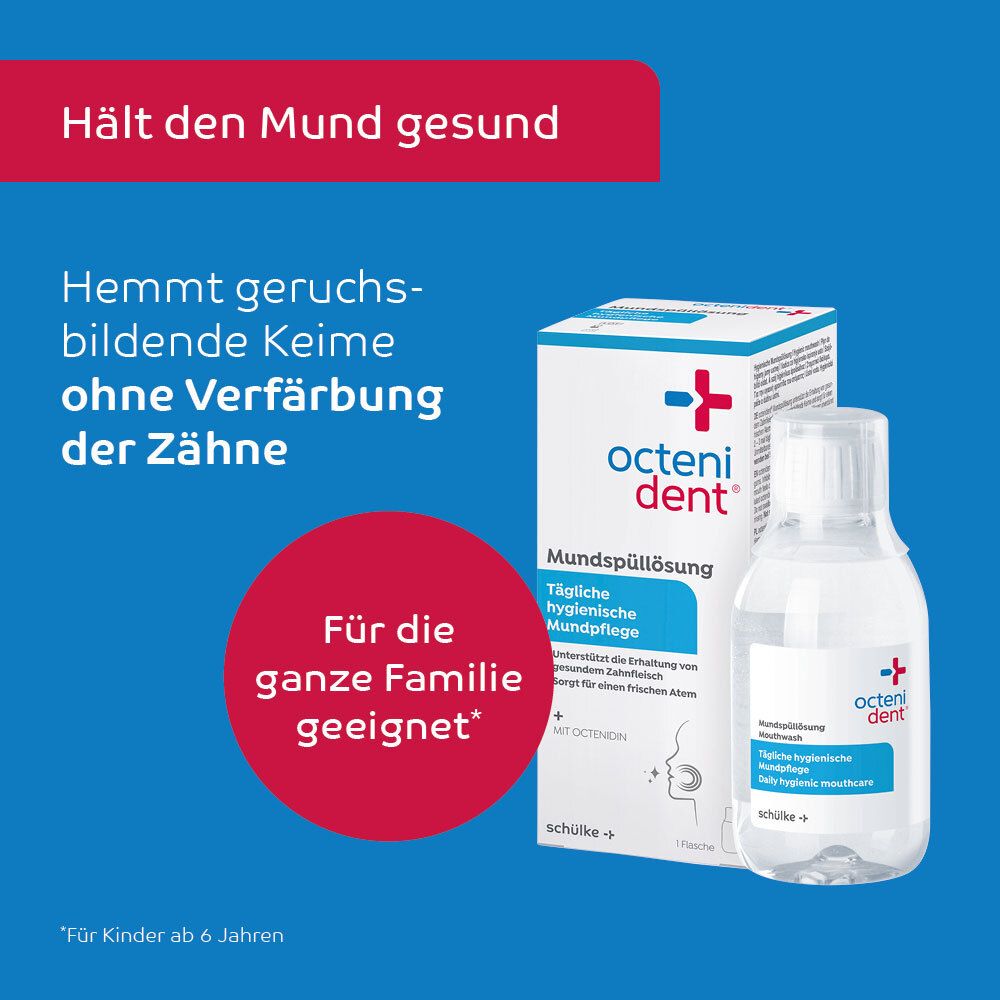 Octenident Mundspülung: Flasche und Karton mit rotem Kreuz-Logo. Text: "Hält den Mund gesund".