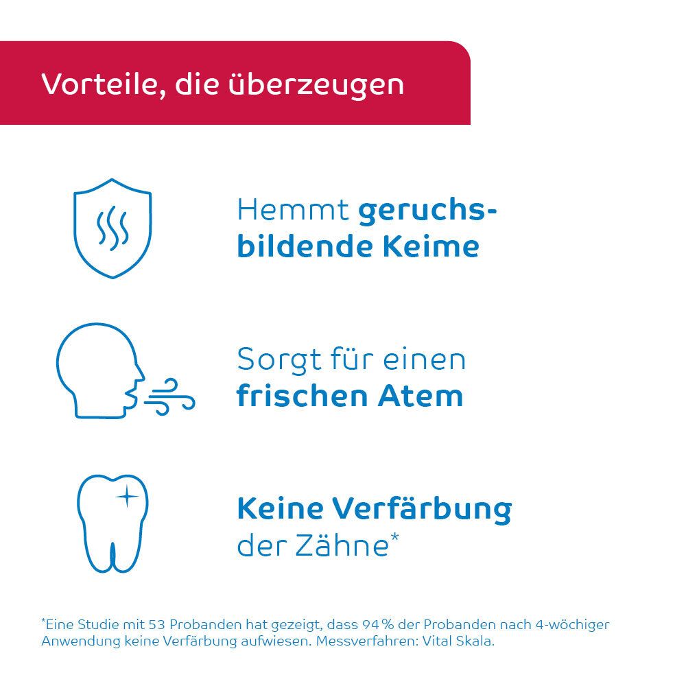 Vorteile: Hemmt Keime, sorgt für frischen Atem, keine Zahnverfärbung.
