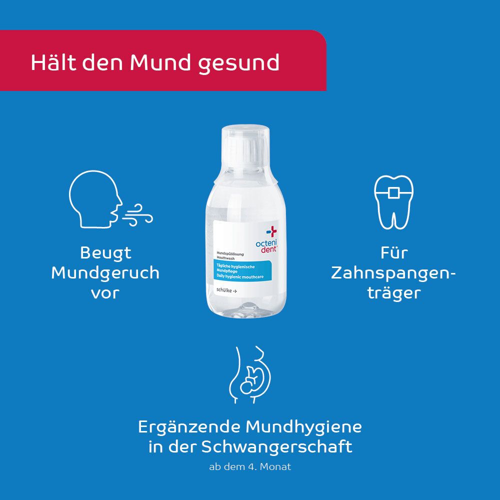 Octenident Mundspülung in durchsichtiger Flasche mit weißem Verschluss.
