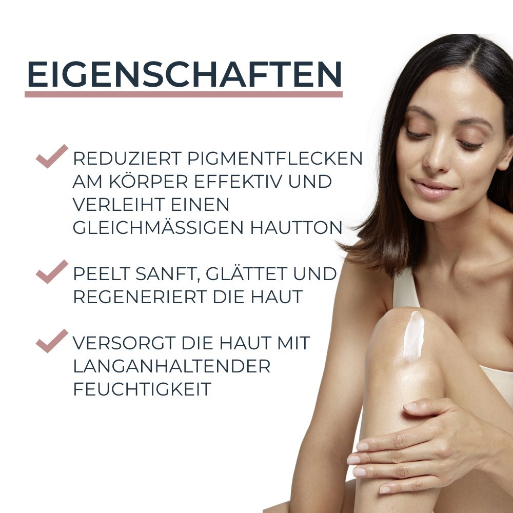 Frau trägt Eucerin Anti-Pigment Körpercreme auf. Reduziert Pigmentflecken, gleicht Hautton aus.