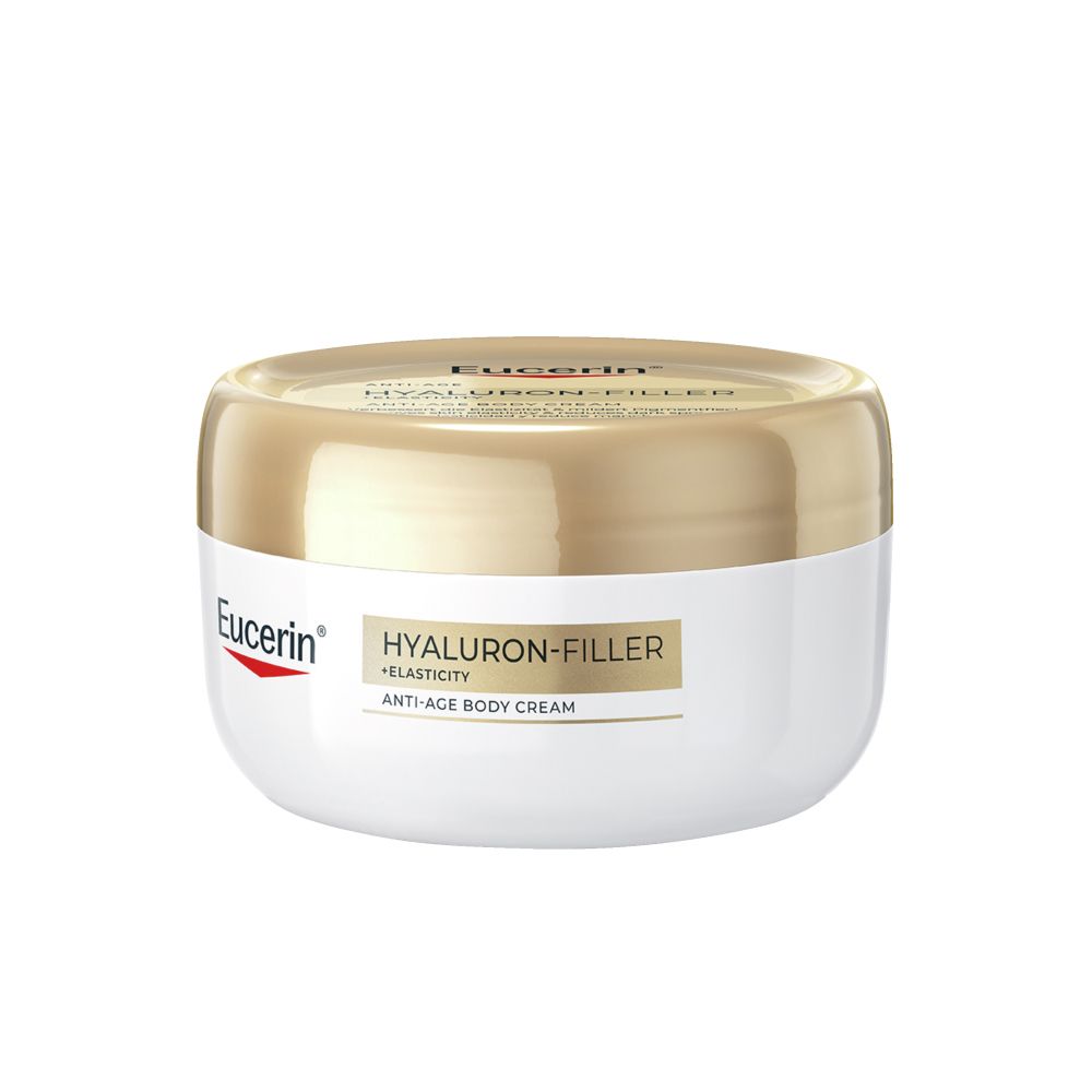 Eucerin Hyaluron-Filler + Elasticity Anti-Age Body Cream in einem weißen Tiegel mit goldenem Deckel.