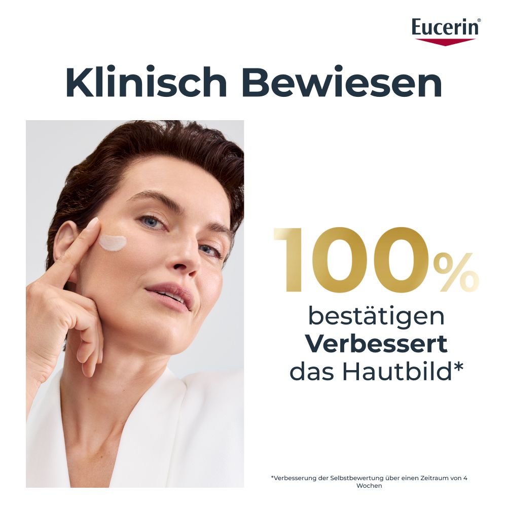 Frau trägt Eucerin Creme auf, 100% bestätigen Verbesserung des Hautbilds.