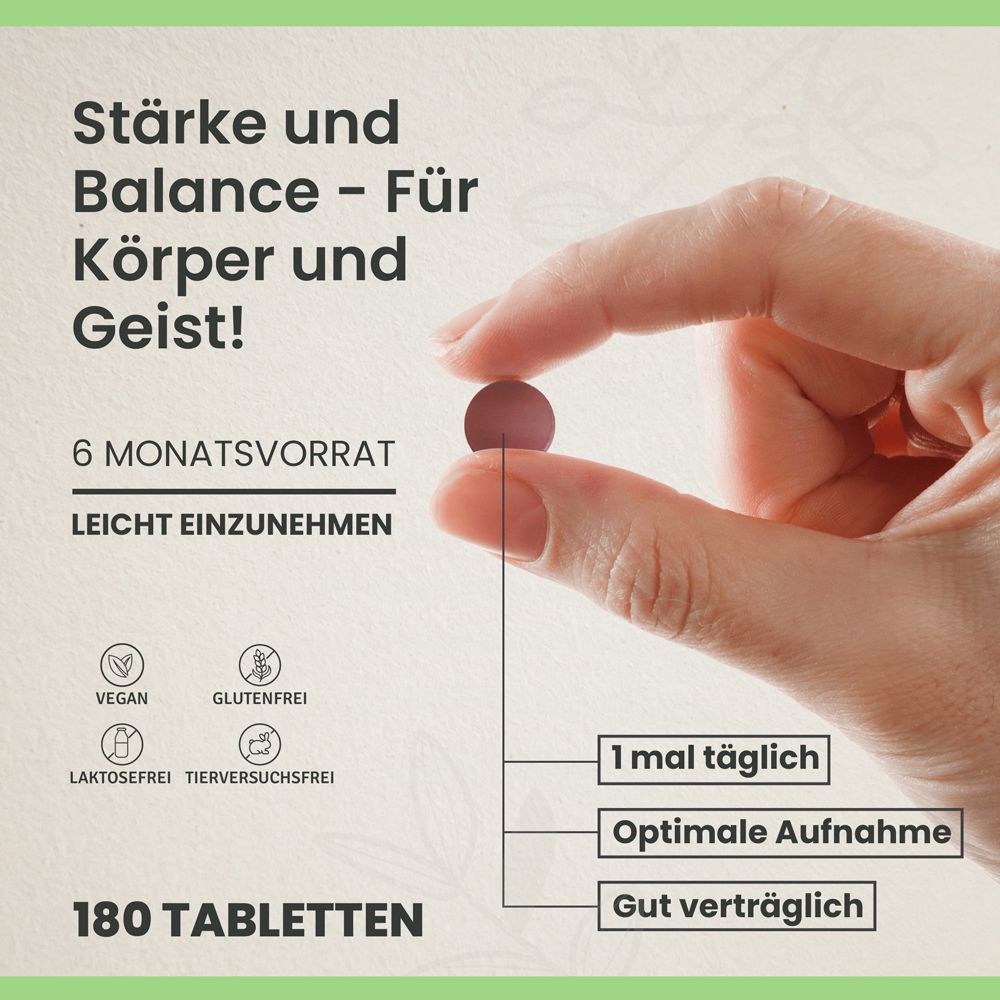 Hand hält eine Tablette. Text: 6 Monatsvorrat, leicht einzunehmen. Vegan, glutenfrei, laktosefrei, tierversuchsfrei. 180 Tabletten.
