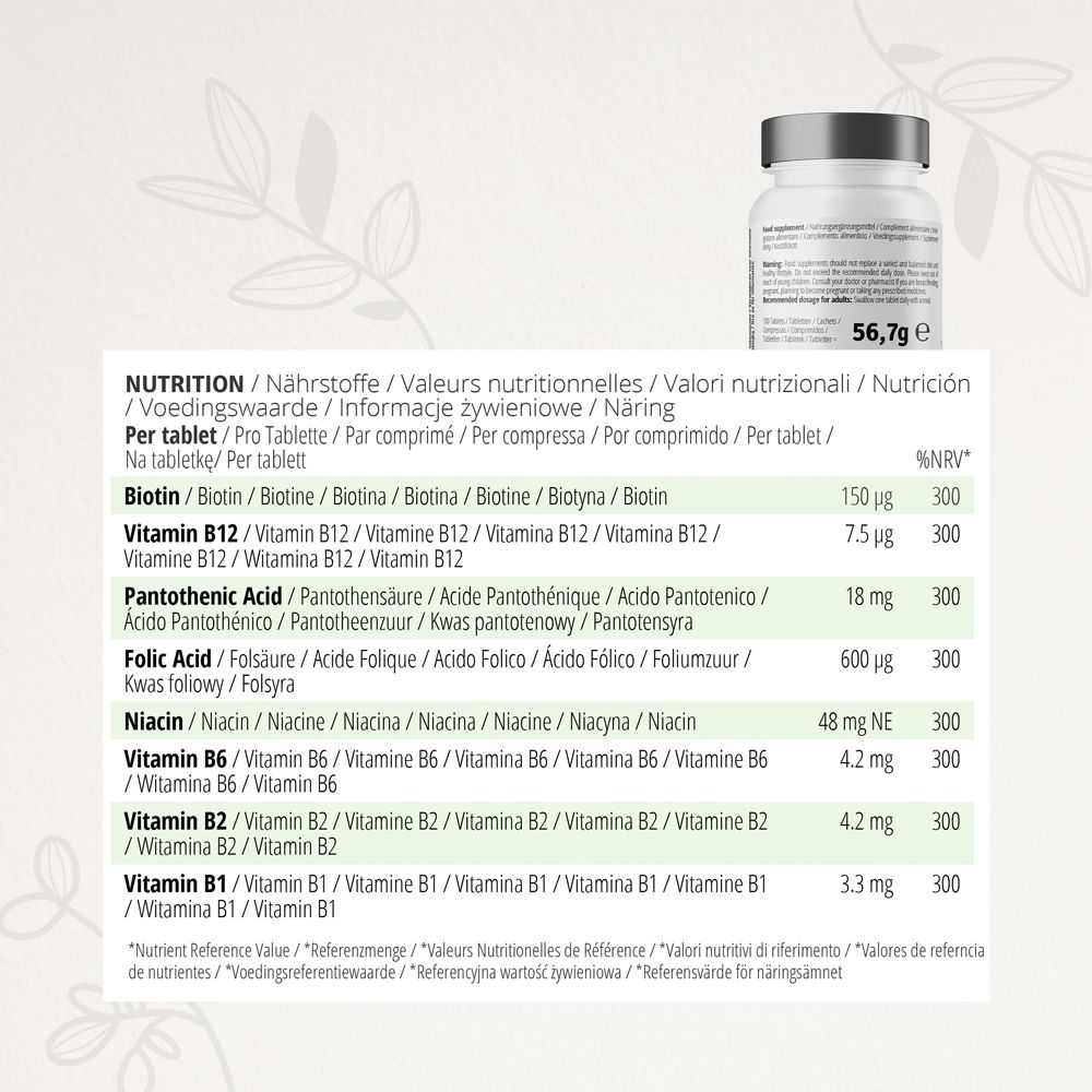Nährwerttabelle für Vitamin B Komplex. Enthält Biotin, B12, Pantothensäure, Folsäure, Niacin, B6, B2, B1. Pro Tablette.