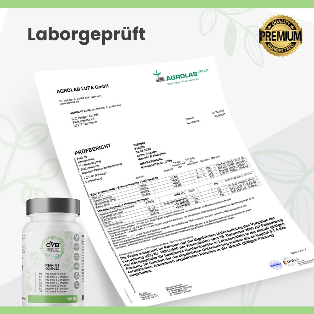 Laborgeprüftes Zertifikat von AGROLAB LUFA GmbH. Bestätigt die Qualität der Vitamin B Komplex Tabletten.