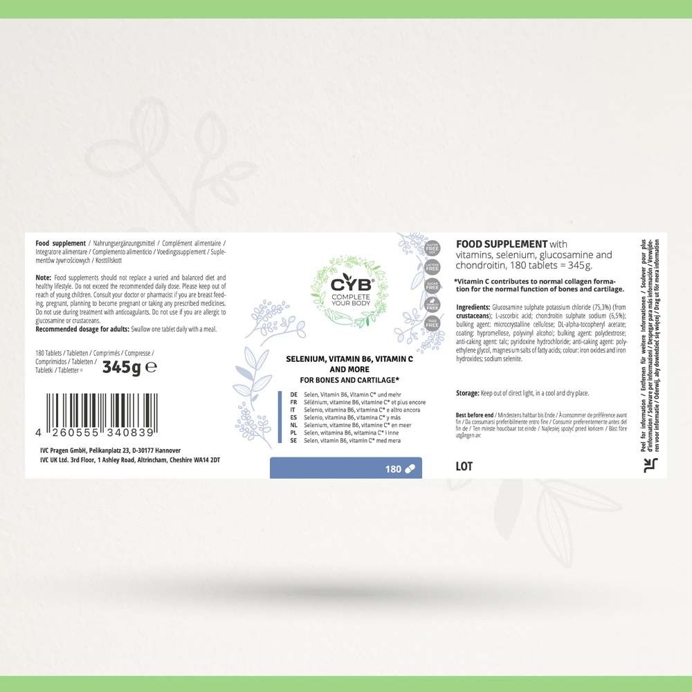 Dos de la bouteille avec ingrédients et informations nutritionnelles. Contient vitamine C, glucosamine, chondroïtine.