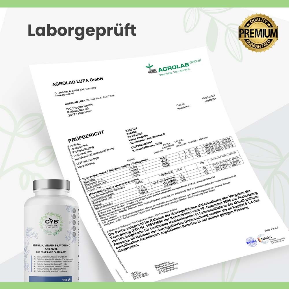 Rapport de test d'Agrolab. Bouteille de produit CYB en arrière-plan. Testé en laboratoire.