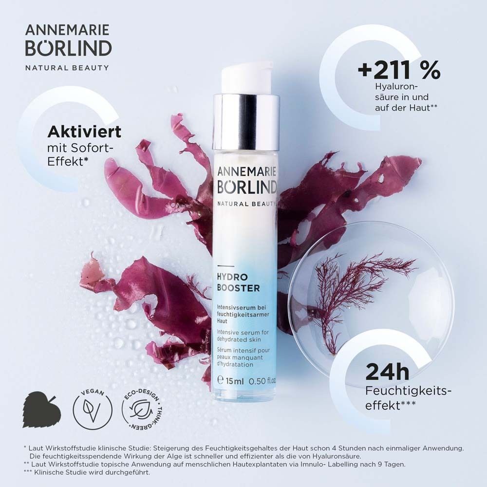 Concentré BÖRLIND Hydro Booster. Flacon, algues, gouttes d'eau. Texte : +211% acide hyaluronique.