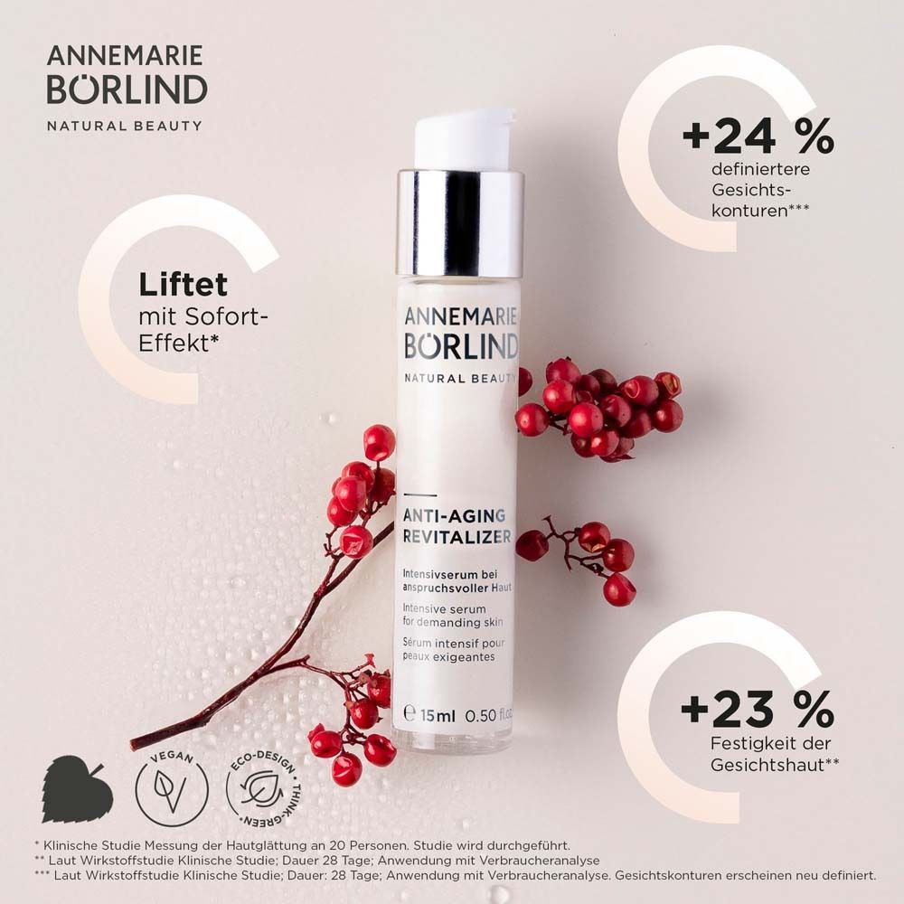 Serumflasche mit Text: ANNEMARIE BÖRLIND, ANTI-AGING REVITALIZER. Rote Beeren und Diagramme.