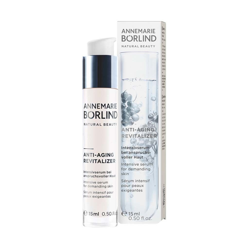Serumflasche und Verpackung. Text: ANNEMARIE BÖRLIND, ANTI-AGING REVITALIZER. 15ml.