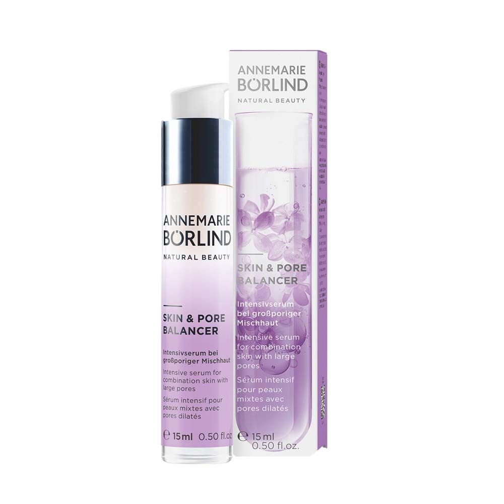 Serumflasche mit Pumpkopf und Verpackung. Aufschrift: Skin & Pore Balancer. Marke: Annemarie Börlind. 15ml.