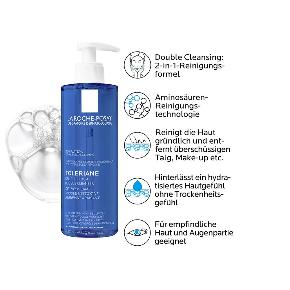 La Roche Posay Toleriane Gel-zu-Schaum Double Cleanser: Hydratisierendes Reinigungsgel mit einer 2-1-Reinigungsformel für empfindliche Haut.