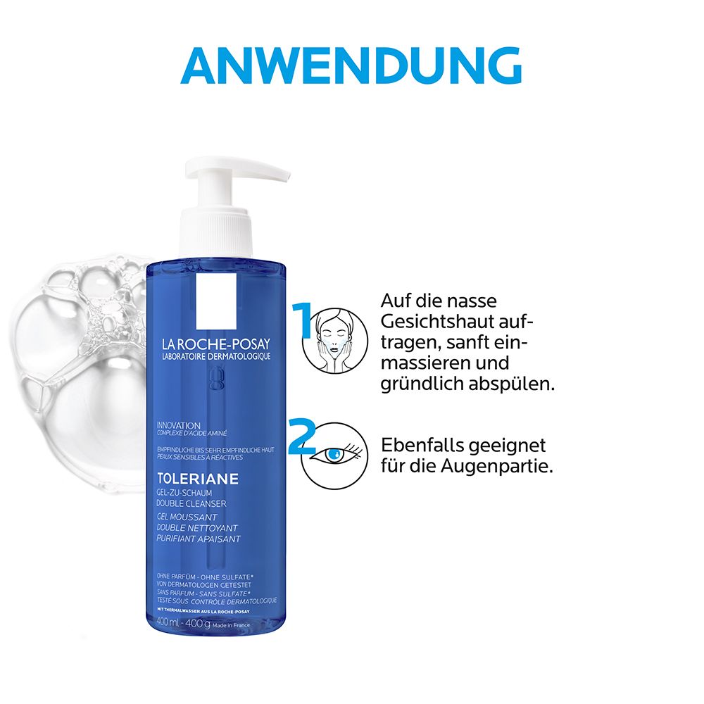 La Roche Posay Toleriane Gel-zu-Schaum Double Cleanser: Hydratisierendes Reinigungsgel mit einer 2-1-Reinigungsformel für empfindliche Haut.