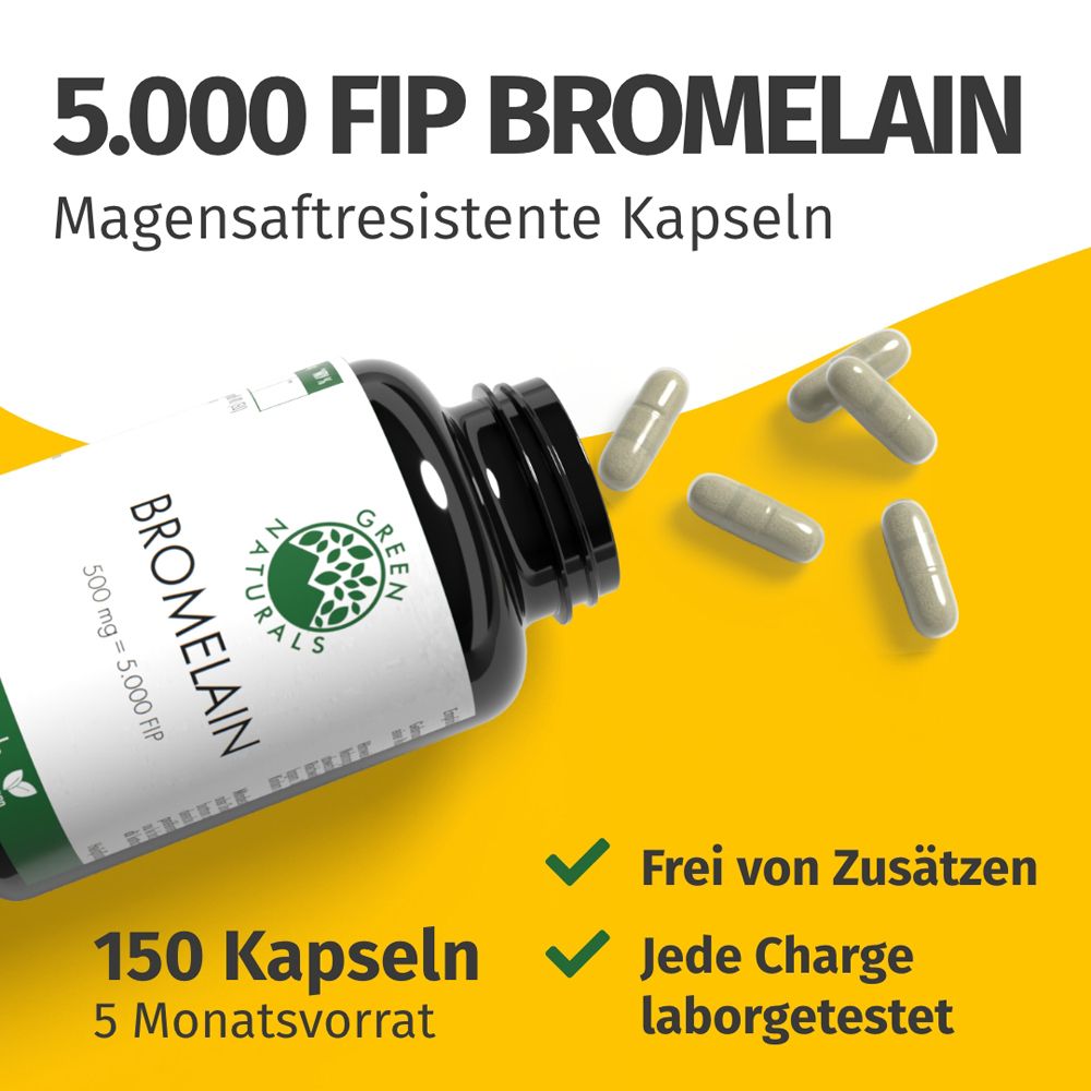 Bromelain-Kapseln und Flasche. Text: 5.000 FIP Bromelain, magensaftresistente Kapseln, 150 Kapseln, vegan.