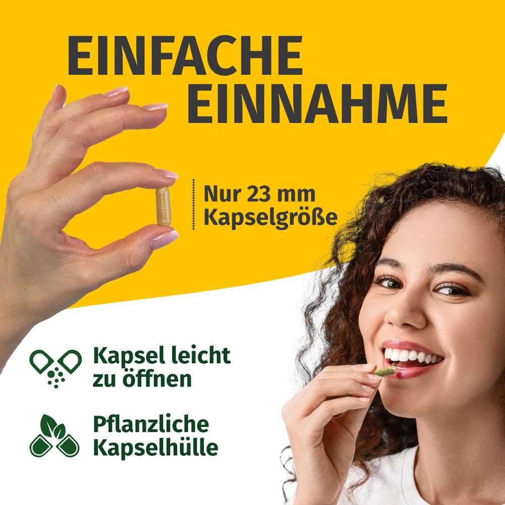 Frau hält Kapsel. Text: Einfache Einnahme, 23 mm Kapselgröße, pflanzliche Kapselhülle.