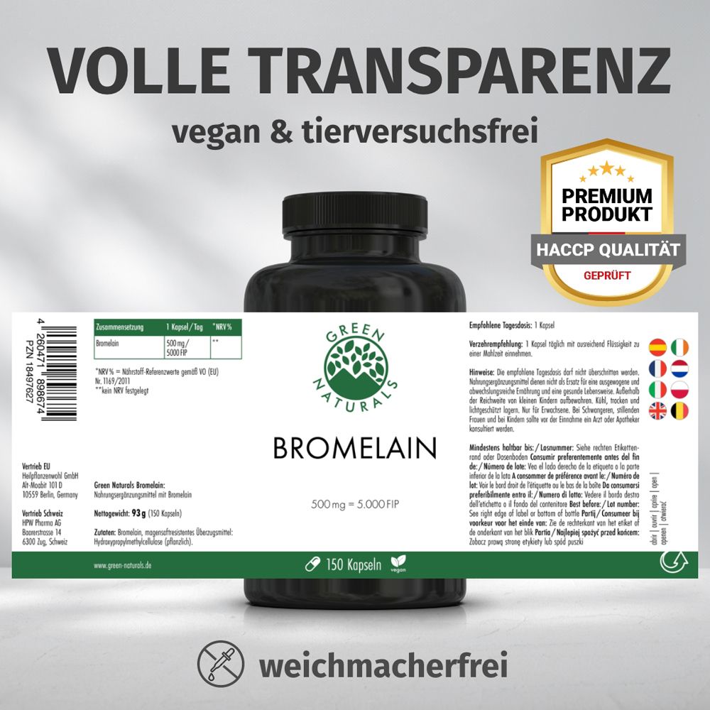 Flasche mit Etikett. Text: Volle Transparenz, vegan & tierversuchsfrei, HACCP Qualität.