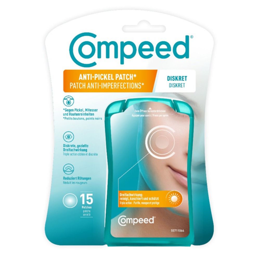Emballage de patchs anti-imperfections compeed®. Contient 15 patchs. Nom du produit et caractéristiques visibles sur l'emballage.