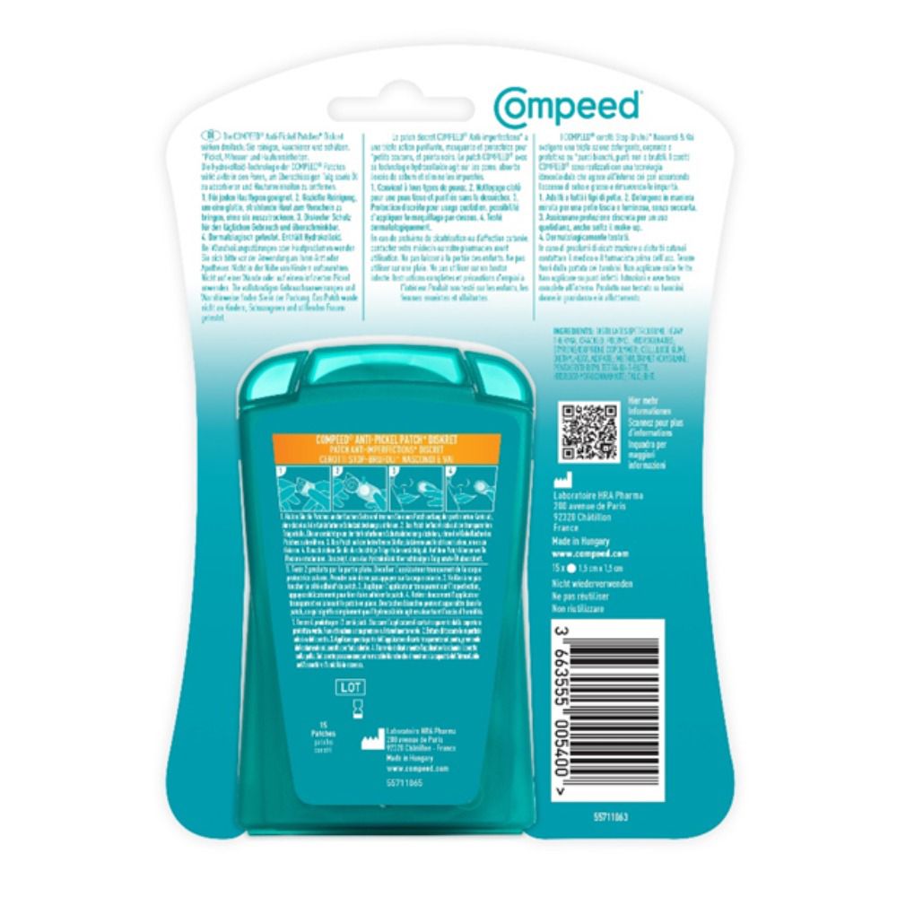 Dos de l'emballage des patchs anti-imperfections compeed®. Contient des informations, des instructions et un code-barres.