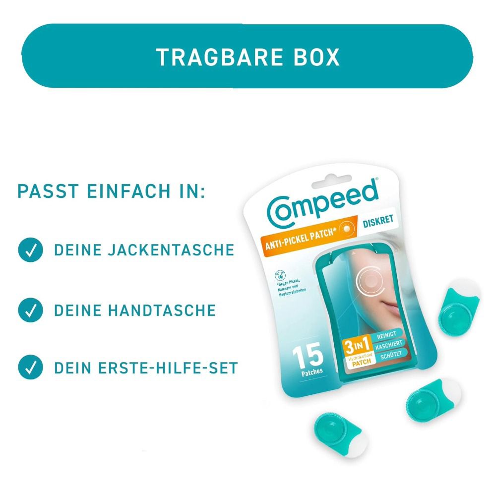 Emballage et patchs anti-imperfections compeed® individuels. Texte : Tient dans une poche, un sac à main, une trousse de premiers secours.