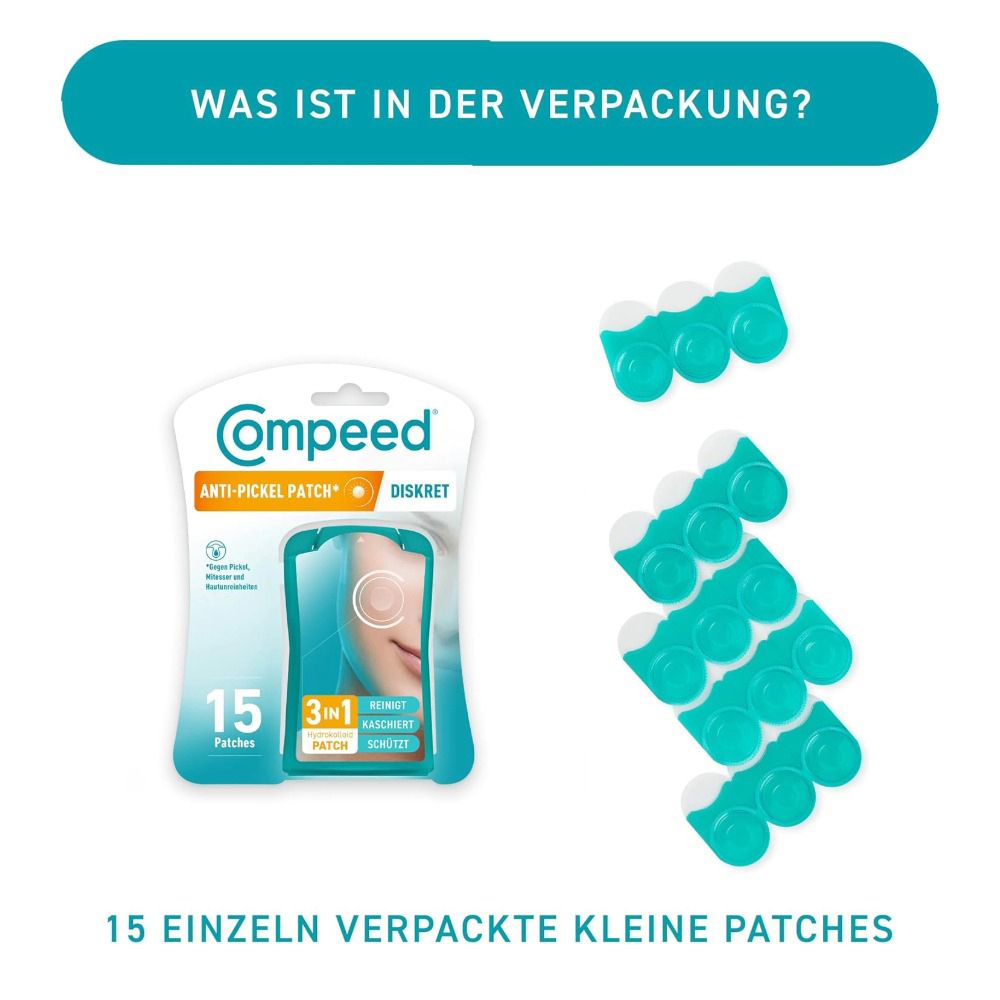 Emballage avec 15 patchs anti-imperfections compeed® emballés individuellement. Les patchs sont turquoise et blancs.