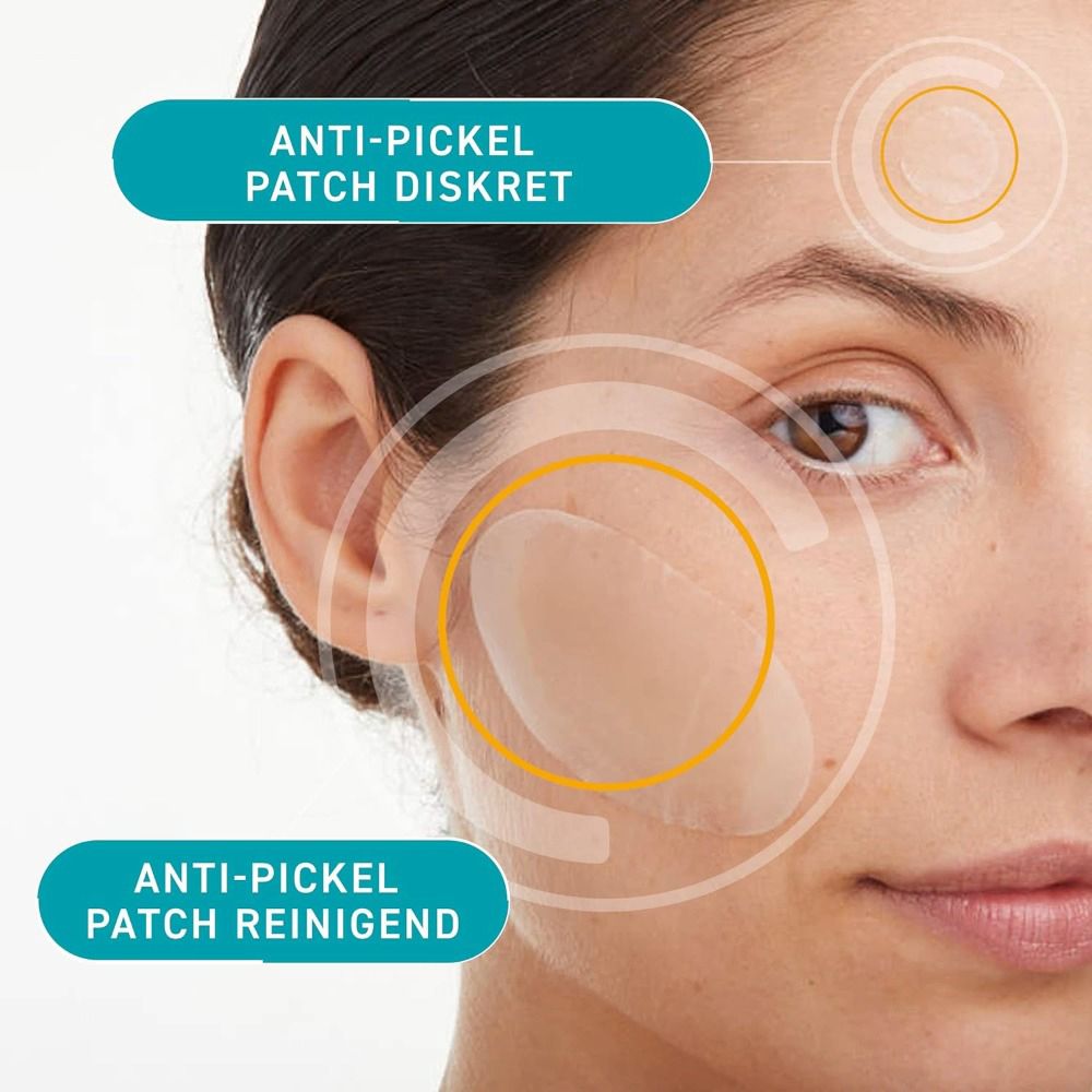 Visage avec deux patchs anti-imperfections compeed®. Un patch discret, l'autre nettoyant. Cercles autour des patchs.