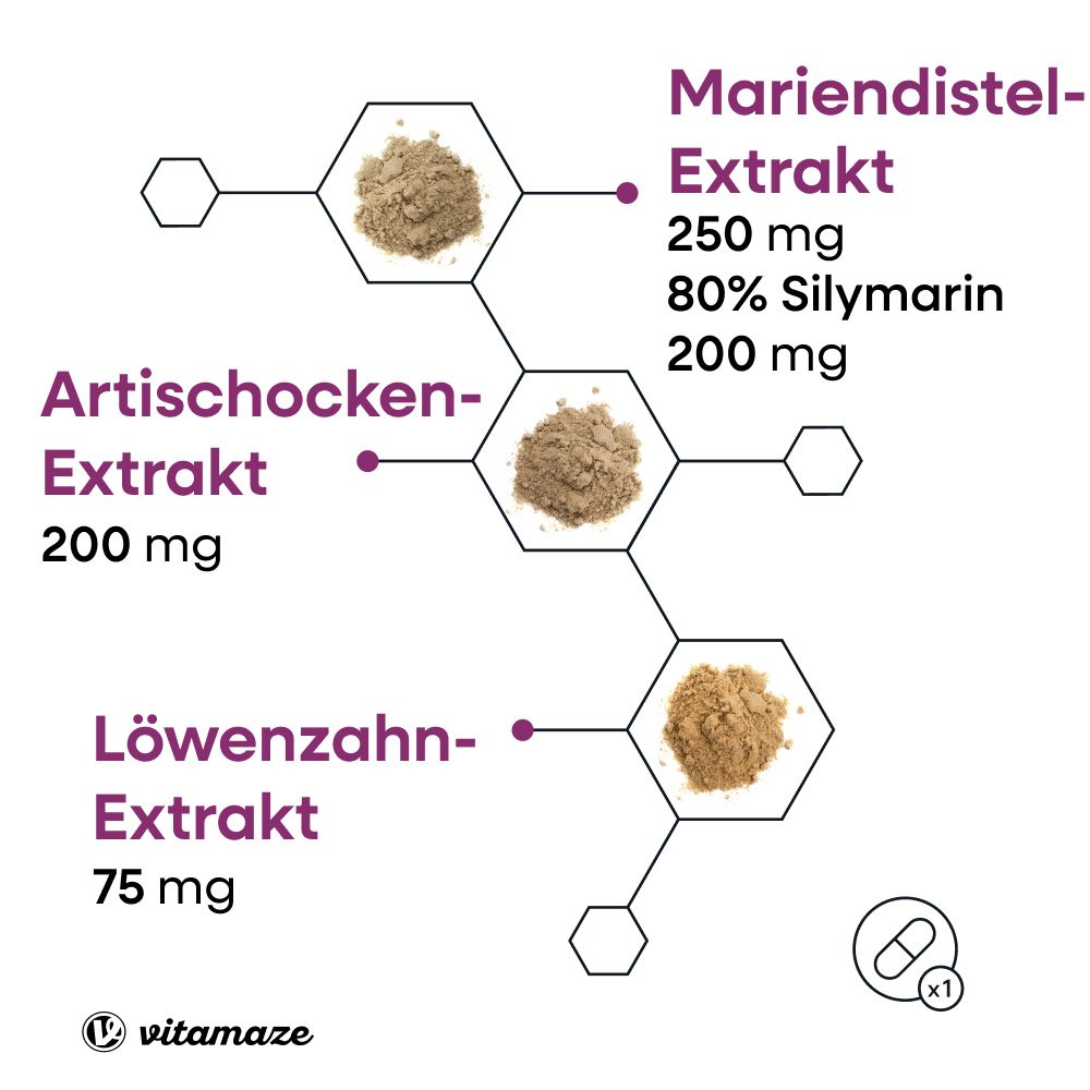 Graphique avec ingrédients : extraits de chardon-marie, d'artichaut et de pissenlit. Quantités : 250mg, 200mg, 75mg. Symbole de gélule.