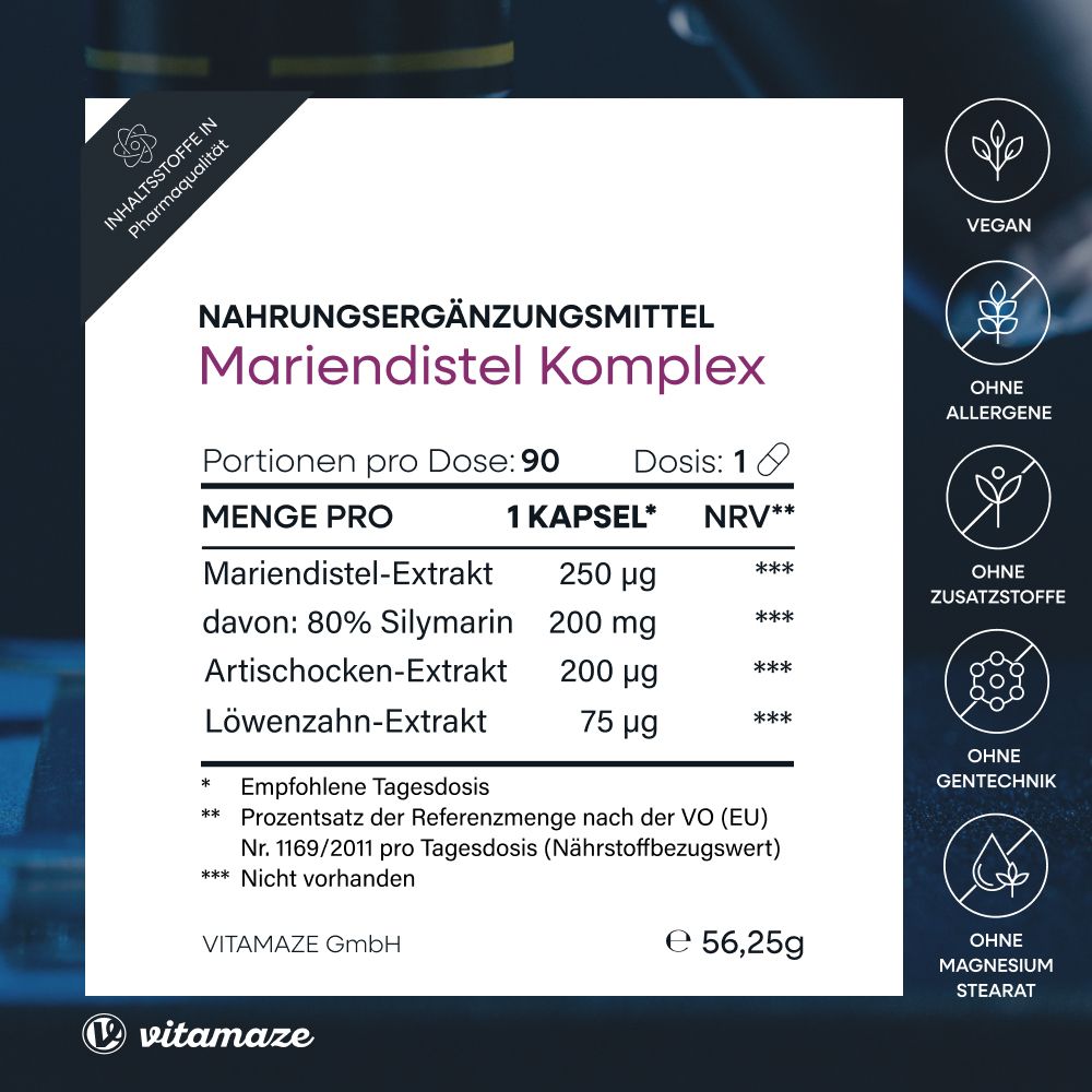 Complément alimentaire Mariendistel Komplex. Ingrédients, informations nutritionnelles, végétalien, sans additifs, sans OGM.