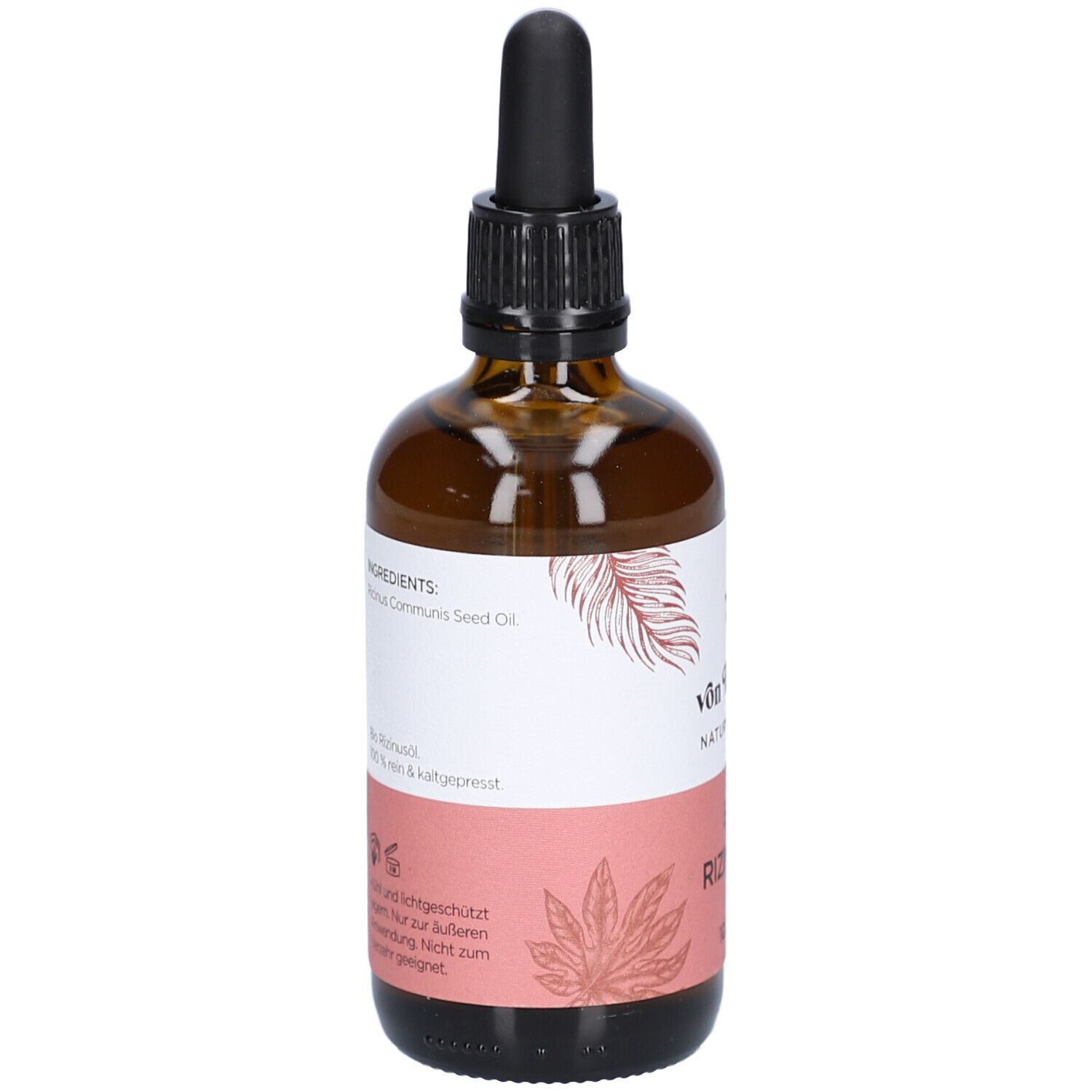 Braune Glasflasche mit Pipette. Etikett mit Inhaltsstoffen: "Ricinus Communis Seed Oil".