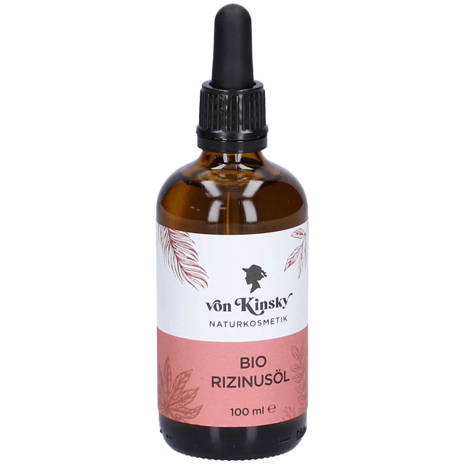 Braune Glasflasche mit Pipette. Etikett mit Logo, Schriftzug "BIO RIZINUSÖL" und "100 ml e".