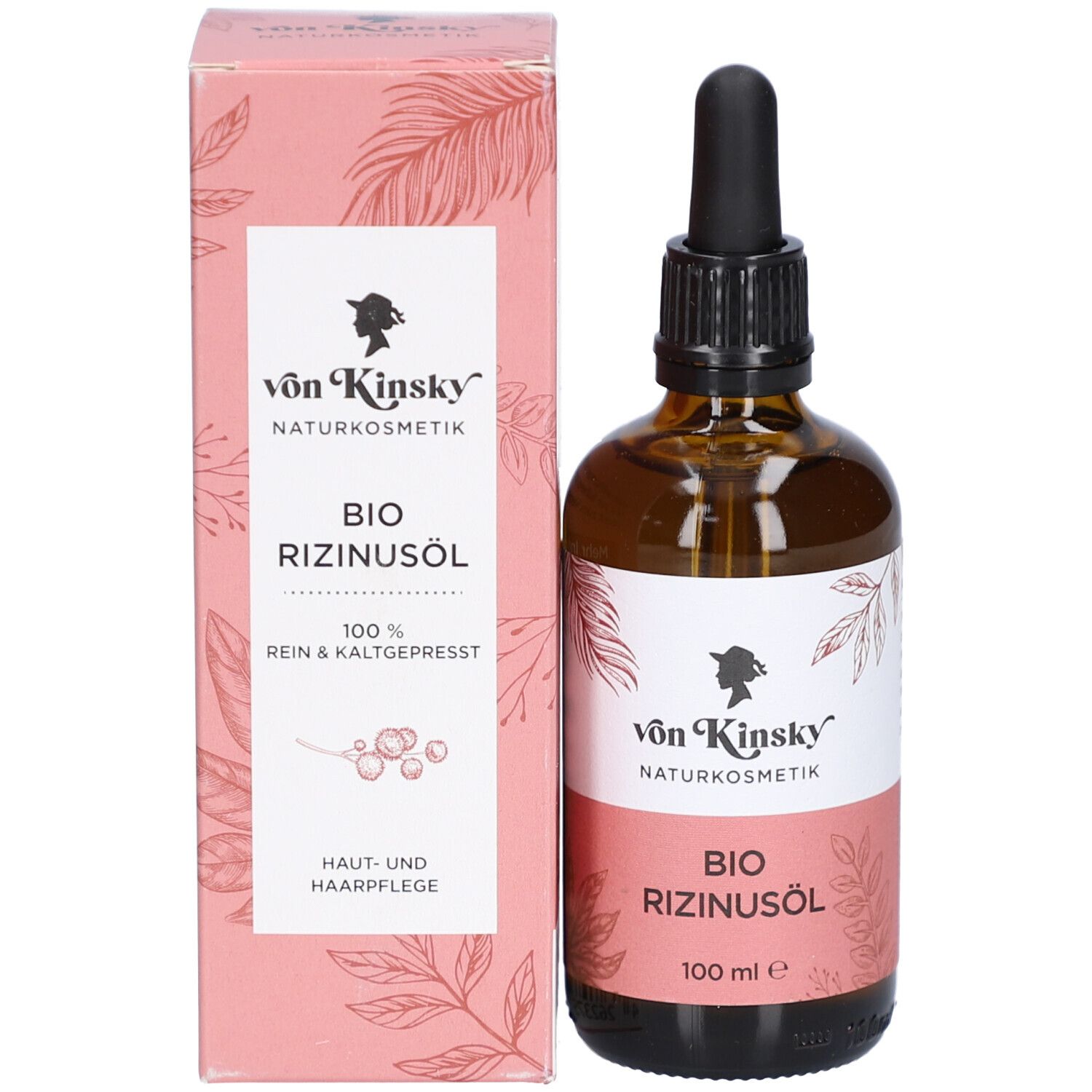 Braune Glasflasche mit Pipette und Karton. Auf dem Karton: Logo, Schriftzug "BIO RIZINUSÖL" und "100 ml e".