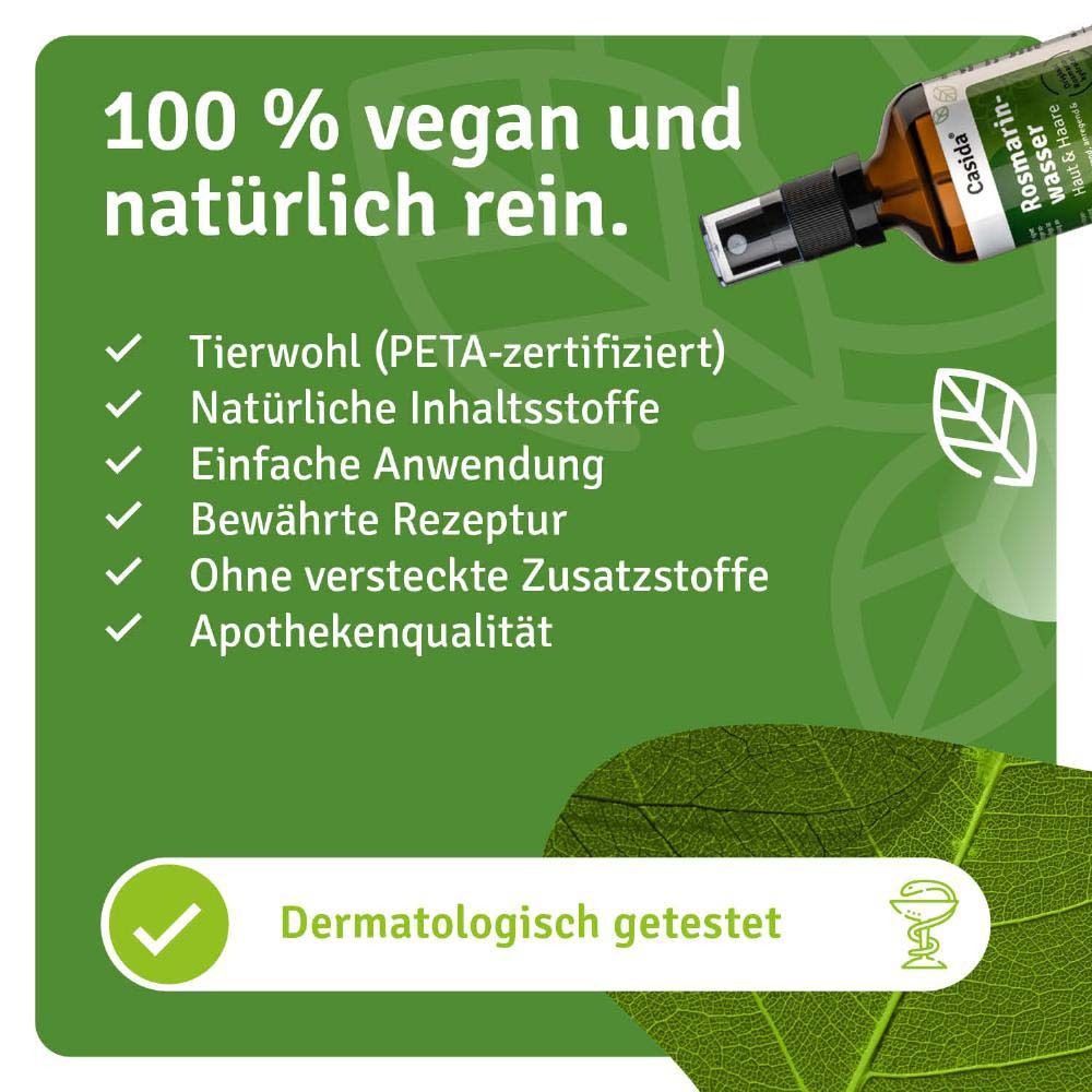 Flacon sur feuille verte. Texte: 100% végétalien et naturellement pur. Certifié PETA, ingrédients naturels, testé dermatologiquement.