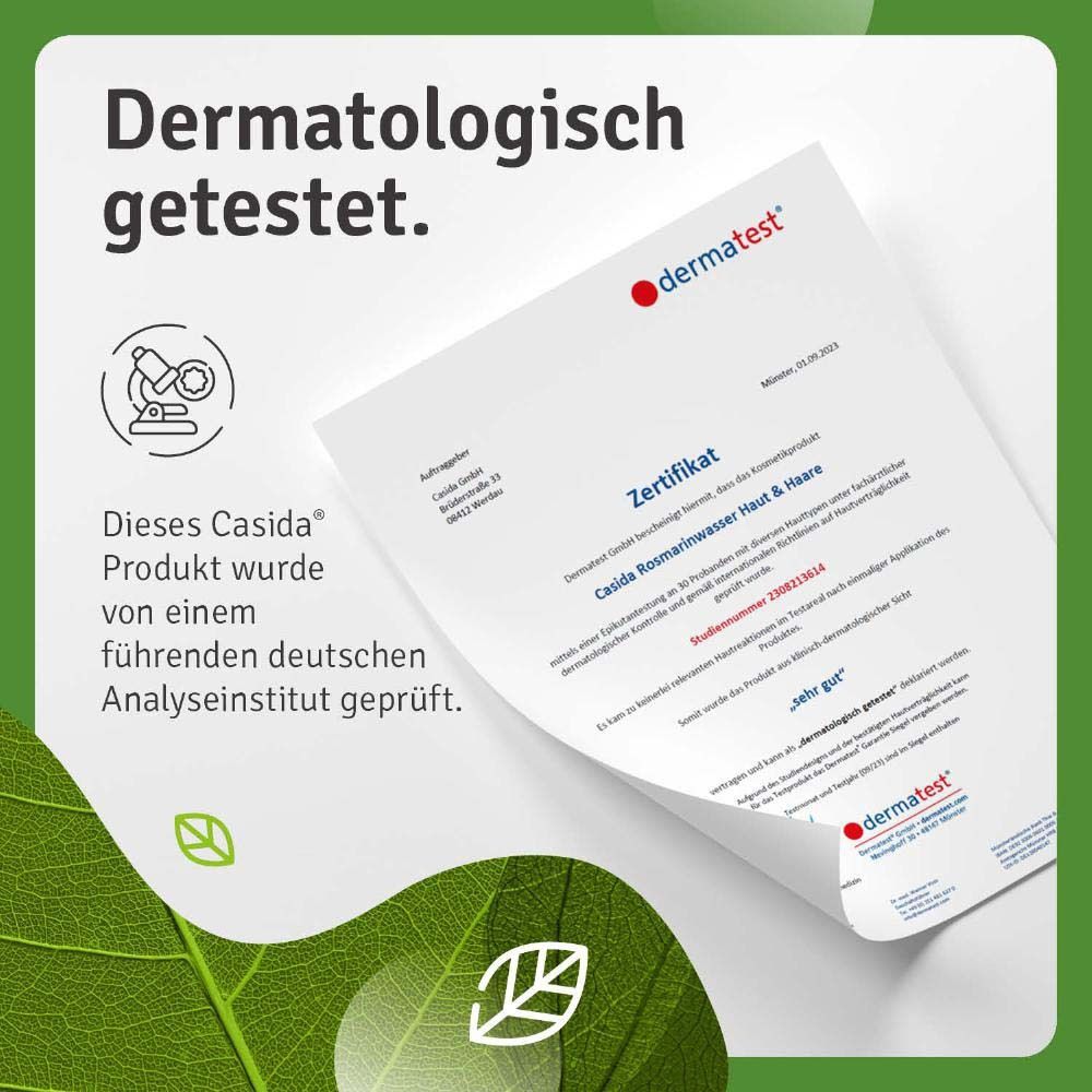 Certificat. Texte: Testé dermatologiquement. Produit contrôlé par un institut d'analyse allemand. Logo: dermatest.