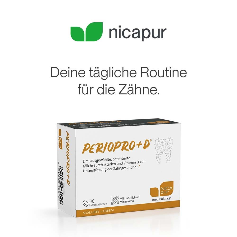 Emballage du produit avec logo "NICApur". Texte: "Votre routine quotidienne pour les dents".