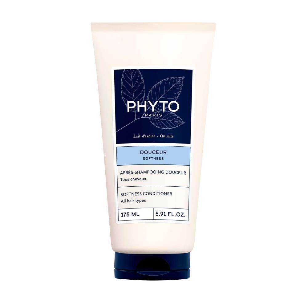 Weiche Conditioner-Tube. Weiß mit blauem Etikett. PHYTO PARIS Logo und Produktinformationen: Douceur Softness, Conditioner für alle Haartypen.