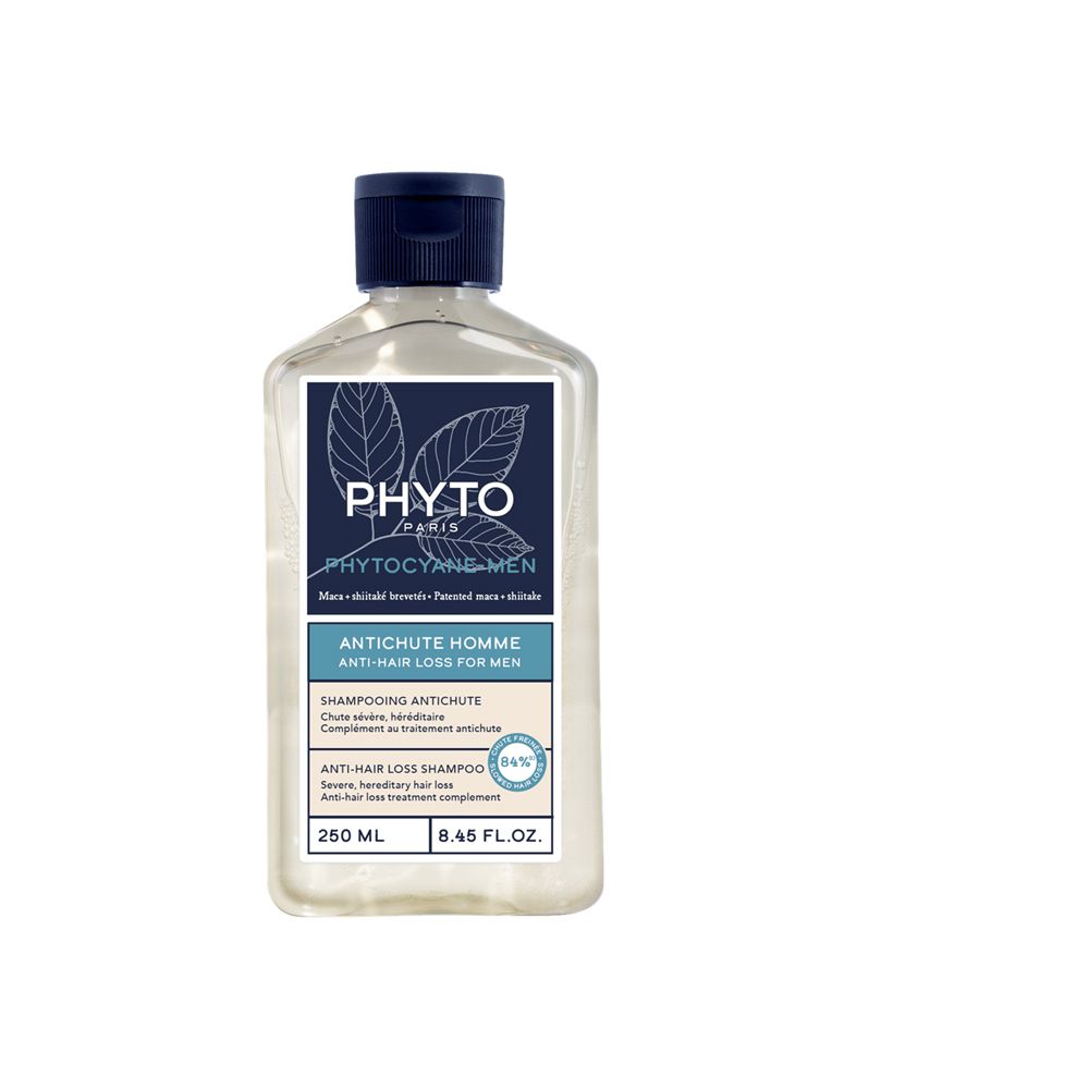 Shampoo clair en flacon avec bouchon bleu. Étiquette avec nom du produit et logo. Texte: Anti-chute homme.